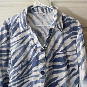 JM Collection Women's 100% Linen Shirt Blouse Zebra 3/4 Sleeve Tunic Top